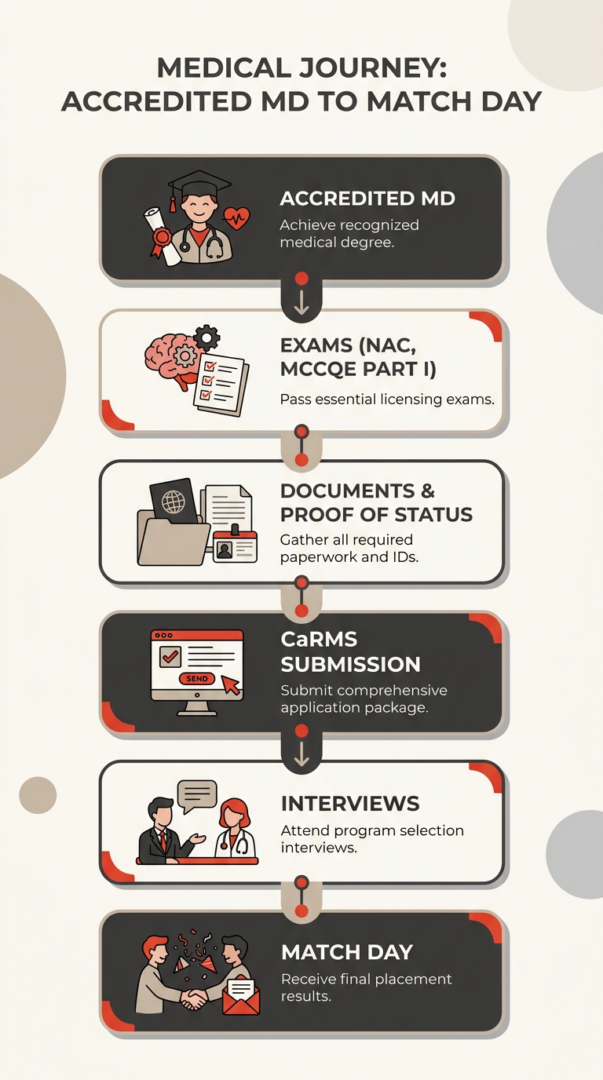 Vertical infographic mapping the physician application journey from Accredited MD to Match Day using a stacked timeline, icons for each stage, and branded neutral and red accents for emphasis.