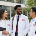 Three medical students in ACSOM white coats stand outdoors near a campus building, smiling and talking together. One holds a tablet, while two carry backpacks in a bright setting.