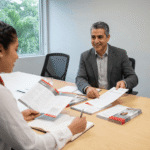 An admissions advisor and a prospective student sit across a long conference table covered with program brochures and a notebook as the advisor hands over a checklist and the student makes notes. The room has plain light gray walls, a light maple table, black mesh chairs, and soft natural light from a window with greenery outside.