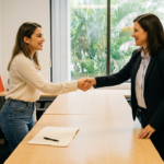 Admissions interviewer warmly greets a student across a long maple conference table in a bright hallway office with plain white walls and greenery visible through a window.