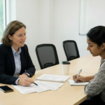 Meeting with student on accreditation requirements.