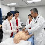 ACSOM medical students participate in a labor and delivery simulation, practicing patient assessment and fetal monitoring with faculty guidance in a clinical skills lab.