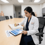 A medical student in a white coat studies at a light maple table with anatomy notes, a weekly planner, and a tablet showing a question-bank dashboard in a clinical simulation lab with bright overhead lighting.