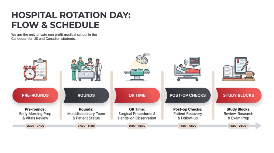 Horizontal timeline infographic showing a hospital rotation day from early morning to evening with labeled segments for pre-rounds, rounds, OR time, post-op checks, and study blocks, using red and charcoal accents on a white background.