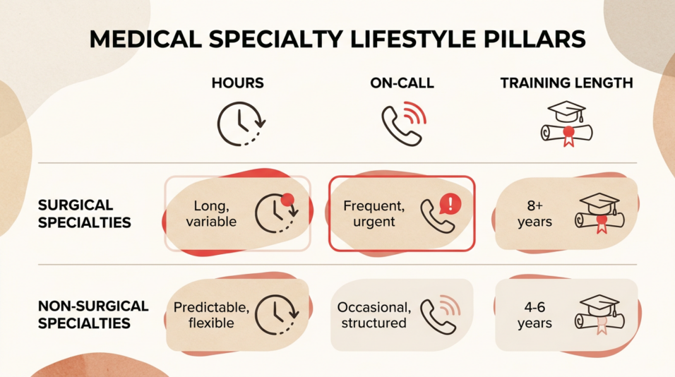 Infographic grid showing lifestyle pillars as columns and surgical versus non-surgical specialties as rows, with simple handcrafted icons for hours, on-call, and training length, using warm neutral accents and red highlights. Clean, editorial layout with a centered header and labeled cells for easy comparison.