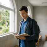 Medical student standing in a bright campus corridor by a large window, reviewing notes with a backpack and a calm, confident expression; soft natural light and tropical greenery are visible through the window. The scene emphasizes readiness, well-being, and a supportive international learning environment.