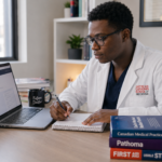 Medical student studies for the Medical Council of Canada Qualifying Examination on a laptop, taking notes beside review books, a stethoscope, and a Future Doctor mug.