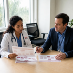 Medical student and mentor reviewing two psychiatry pathway diagrams at a light maple conference table in an advising office, the mentor gesturing thoughtfully while the student holds the diagrams. The scene is softly lit with natural window light and overhead fill, and the composition emphasizes focused career planning.
