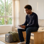 Medical student sitting at a light maple table in a bright apartment calmly reviewing travel documents and a checklist next to a cat carrier in warm morning light.