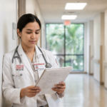 A medical student in a white coat and stethoscope leans against a hospital corridor wall, reading notes with a calm, focused expression as daylight from windows softly illuminates the scene. The corridor has plain white walls and a long, uncluttered layout that emphasizes decision-making and clinical transition.