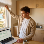 Medical student in a bright apartment kitchen reviewing a monthly budget on a laptop, photographed from above with warm late-afternoon light and a simple, uncluttered background overlooking palm trees. The scene is candid and focused, emphasizing study preparedness and everyday life.