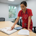 Medical student in scrubs studies an open anatomy atlas at a bright clinical training table with a tablet and surgical notes nearby, conveying focused exam preparation in a clean educational space.
