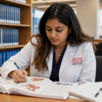 ACSOM student in a white coat studies anatomy in a library, writing notes in an open textbook while seated at a table surrounded by academic bookshelves.