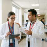 Medical student and supervising physician standing in a bright hospital corridor reviewing notes on a tablet, conveying mentorship and clinical learning in a clean, focused setting.