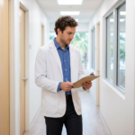 Medical student in a white coat walking through a clean clinic hallway, pausing to read clinical notes with a focused expression and shallow depth-of-field emphasizing forward movement.