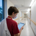 Medical student in scrubs with a white coat draped over shoulders walks through a quiet hospital hallway before dawn while checking a tablet; soft overhead clinical lighting balanced with window light highlights a focused expression. The corridor has plain white walls and a light maple handrail, providing clean leading lines to the subject.