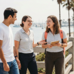 Two medical students walking and talking at a coastal overlook with a ferry harbor visible in the background; one student holds a notebook while both smile, framed in natural mid-morning light. The scene is balanced and student-centered, with the harbor softly blurred behind a concrete railing and palms.