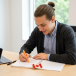A determined pre-med student leaning over a checklist at a bright study desk with a Canadian flag pin on a notebook, focused and highlighting items under even daylight-style lighting.