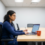 Pre-med student studying scholarship guidelines on a laptop at a long maple conference table in a bright classroom corner, pen poised and focused expression. The scene has plain light gray walls, a black mesh chair, and natural classroom lighting for a clean, professional look.