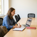 Pre-med student taking notes while reviewing specialty options on a laptop at a long maple study table in a bright, uncluttered library study room with soft natural light.