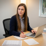 Pre-med student studying at a light maple table, typing on a laptop and checking a calendar with a passport and academic transcripts visible on the desk in a bright, minimal study nook.