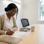 Prospective medical student at a long maple table reviewing a printed budget worksheet and admissions materials with a pen, soft daylight from a window and greenery outside, papers and a calculator neatly arranged to convey planning and confidence.