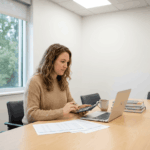 Prospective medical student reviewing a spreadsheet and school materials at a neat desk, using a calculator and laptop in a bright study corner.
