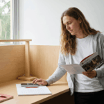 A prospective medical student reviews tuition notes and uses a calculator while holding an admissions brochure at a clean, well-lit study desk in a small library carrel. The scene is organized and practical, with a light maple desk lamp and uncluttered surfaces emphasizing focused financial planning.