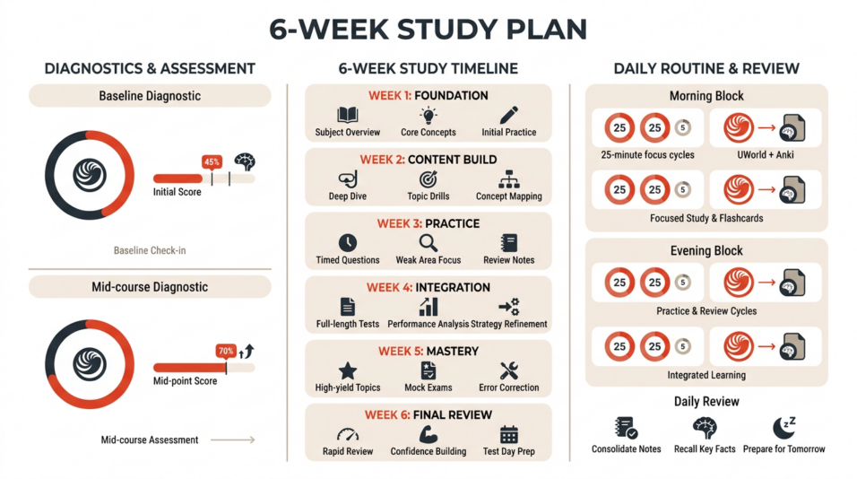 Infographic showing a 6-week study plan with baseline and mid-course diagnostics, a six-week timeline, two daily study blocks with 25-minute focus cycles, and integrated UWorld and Anki review, presented in a clean three-column layout with red accents.