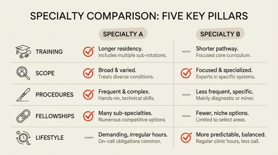 Infographic that compares five key pillars between internal medicine and family medicine