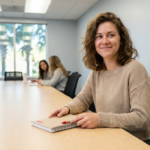 Student closing a spiral notebook while seated at a light maple conference table in a study lounge with bright overhead lighting and softly blurred peers in the background, conveying a productive, supportive campus environment.